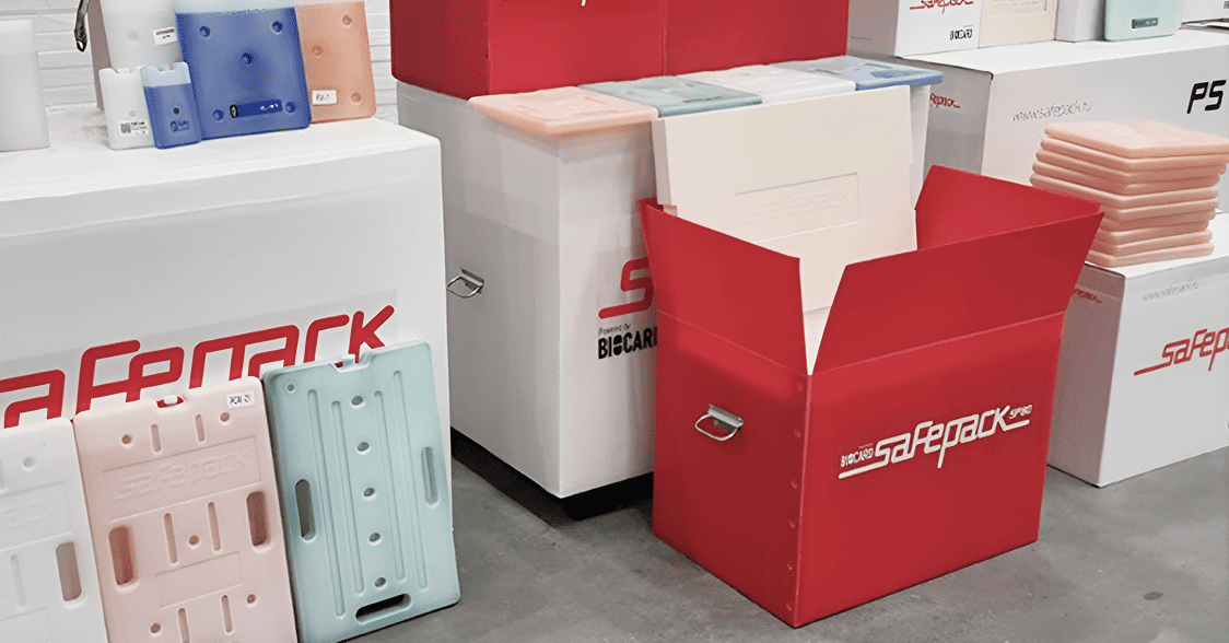 SafePack thermal containers and cool packs in the warehouse for temperature-controlled transport of medical cargo.