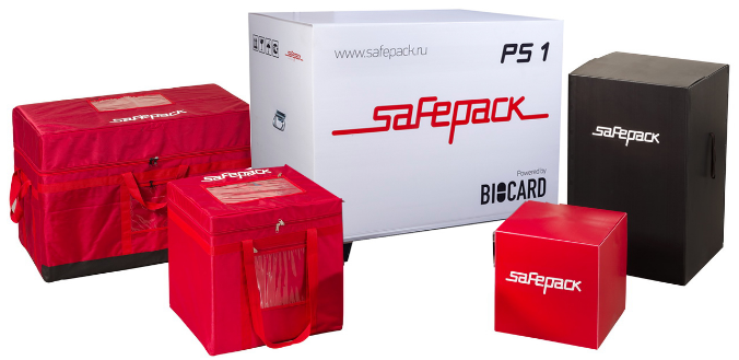 Белый термобокс Biocard Safepack PS 1 в окружении термоконтейнеров Safepack для перевозки и хранения температурных грузов 
