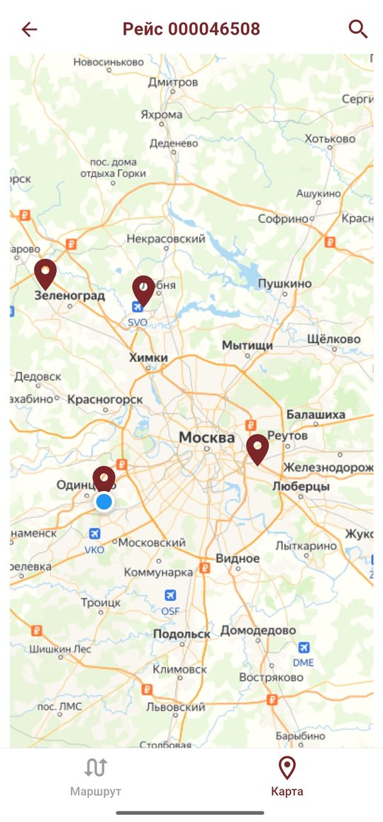 Экран «Карта» в «Альфе»: точки рейса на карте Москвы и области